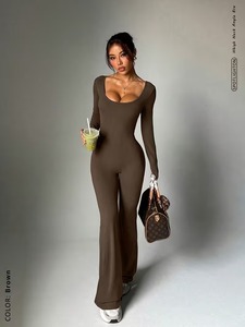 Women's Sculpting Mock-Neck Long Sleeve Jumpsuit | Sleek Flare-Leg <b>Yoga</b> <b>Unitard</b> | Breathable Polyester Spandex Performance Wear - Product Image 2