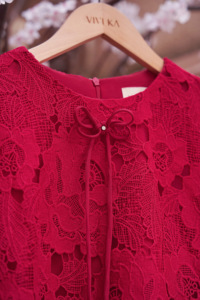 Women's Red Floral Lace Blouse <b>Cap</b> <b>Sleeve</b> O-Neck Bow Detail Elegant <b>Top</b> Spring Summer Casual Wear 100% Polyester VELA - Product Image 5