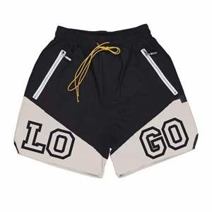 Shorts de sport pour hommes, écologiques, respirants, imperméables, noirs et gris unis, séchage rapide, avec cordon de serrage, fermetures éclair, taille mi-haute, style vintage, 100% - Product Image 2