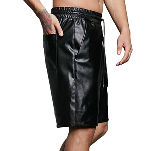 Nouveaux shorts en similicuir tendance streetwear, logo personnalisé, taille à cordon, couleur noire, shorts décontractés pour hommes - Product Image 6