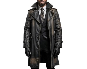Men’s Vintage <b>Black</b> <b>Leather</b> <b>Trench</b> <b>Coat</b> Gothic Retro Style Long Distressed Real <b>Leather</b> Overcoat - Product Image 1