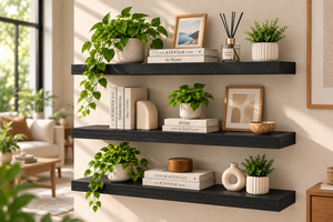 Ensemble de 3 étagères murales flottantes noires, présentoir en bois moderne avec supports cachés pour le salon - Product Image 3