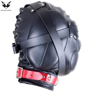 Máscara de cuero sintético acolchada profesional con capucha y cuello rojo para fiesta, disfraz de club, arnés de cabeza de cuero sintético de cara completa - Product Image 3