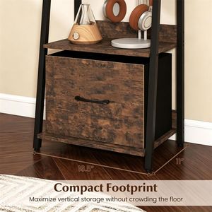 5-Tier Narrow <b>Ladder</b> <b>Shelf</b> with Fabric Drawer Anti-Tip Device Wooden Metal <b>Industrial</b> Bookshelf - Product Image 3