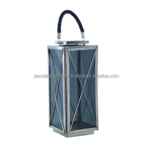 Edelstahl und schwarzes Glas nautische Laterne mit Stahl polierte Oberfläche quadratische Form Seilgriff für Heimdekoration