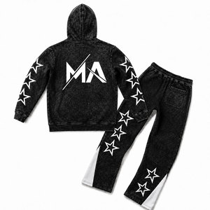 Black Acid Wash Hooded Tracksuit Set With <b>White</b> Stars And 350 gsm Full Length Drawstring <b>Pants</b> 100% Cotton Streetwear - Product Image 2