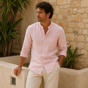 Camisa de vestir ajustada para hombre de lino – Camisa de lino natural tejido para uso casual de verano - Product Image 3