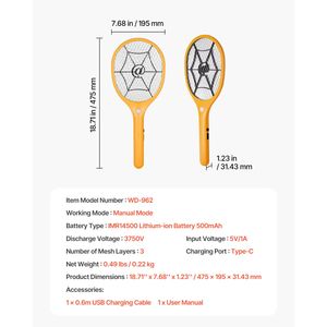 Racchetta Elettrica Anti-Insetti Ricaricabile con Batteria da 500mAh, Rete a 3 Strati, Potente Dispositivo per Eliminare Zanzare e Mosche per Interni ed Esterni - Product Image 2