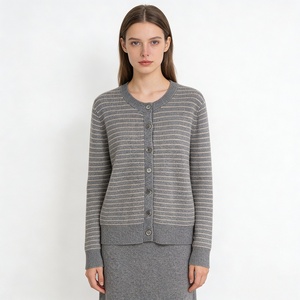 Factory Direct Sale High Quality Women's Single Breasted Round Neck Striped Knitted <b>Cardigan</b> for Autumn Season - Product Image 4