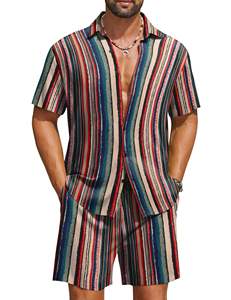mens multi color teal red vintage vertical stripe <b>short</b> <b>sleeve</b> lapel <b>button</b> <b>up</b> <b>shirt</b> matching <b>shorts</b> 2 piece set casual outfit - Product Image 4