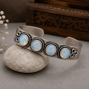 Moon Glow Opalite Four Stone Heritage <b>Cuff</b> Bangle Handmade Gold/<b>Silver</b> Plated Brass Statement Jewelry - Product Image 5