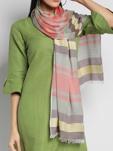 Women's Striped Silk Scarf Long Multi-Functional Casual All Seasons Wear Green <b>Pink</b> Grey Yellow Patterned Shawl - Product Image 4
