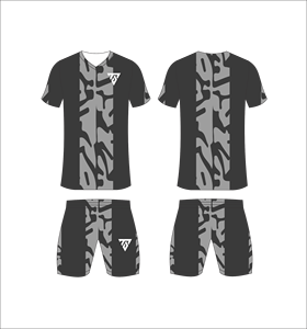 Conjunto de uniforme de fútbol sublimado personalizado para hombre, jersey con estampado de paneles en negro y gris y pantalones cortos a juego para profesionales - Product Image 4