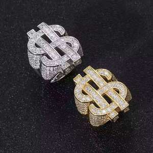 Unisex Dollar <b>Sign</b> <b>Cocktail</b> Ring 925 Silver 22k Gold Plated Pave Setting Zircon Baguette Cut Cross Luxury Hiphop Style Party - Product Image 5