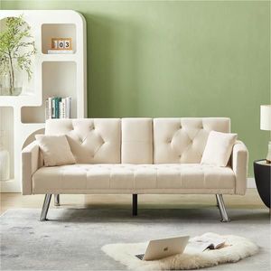 Divano Letto Convertibile in Lino Beige con Braccioli Estensibili, Pieghevole a Forma di L, Due Cuscini e Portabicchieri - Product Image 2