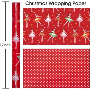 Rotolo di Carta da Regalo Reversibile Natalizia con Design Metallizzato di Ballerina, Fiocchi di Neve e Pois Rossi, Accessori per le Festività - Product Image 1