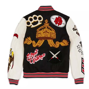 Veste universitaire noire pour homme, streetwear, design patchwork brodé, col rabattu, coupe classique, polyester et coton, vêtement d'automne - Product Image 2