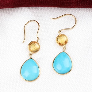 Nouvelle Arrivée Boucles d'Oreilles Pendantes Classiques pour Femme en Or Jaune Massif 18 carats avec Pierres Précieuses Turquoise et Citrine, Faites à la Main, Bijoux de Mariage, Cadeau de Fête - Product Image 3