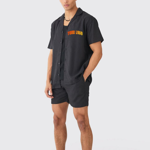 Men's Black <b>Knitted</b> Breathable Cotton Round Neck Shirt and Shorts <b>Set</b> with Front Logo Print Casual Summer Wear - Product Image 1