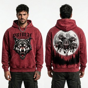 Sweat à capuche personnalisé pour homme, rouge, effet délavé vintage, imprimé loup, streetwear, pull en molleton de coton épais, fournisseur de vêtements - Product Image 1