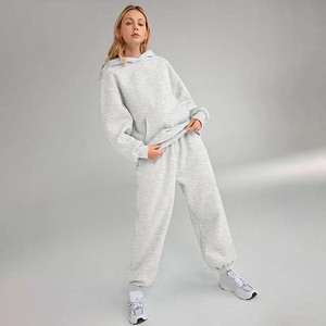 Conjunto Deportivo de 2 Piezas para Mujer, Color Gris, Sudadera con Capucha, Bolsillos Laterales, Cintura Elástica, Corte Holgado Informal, Color Sólido, 100% Algodón - Product Image 3