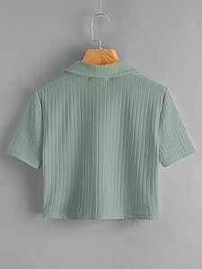 เสื้อผ้าฤดูร้อนอเนกประสงค์ ทรงครอปสำหรับเสื้อคอปก ผ้าถักแขนสั้นระบายอากาศได้ดี ดีไซน์บางเบา ใส่ได้หลากหลาย - Product Image 4