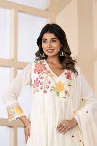 Stylish Mul Cotton Angrakha Suit Set for <b>Women</b> White Embroidered Ethnic Wear with Flared <b>Kurta</b> - Product Image 4