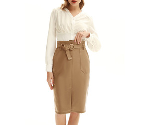 กระโปรงทรงดินสอเอวสูงมีกระเป๋ากระโปรงทรงดินสอแนววินเทจสำหรับใส่ทำงานโลโก้แบบกำหนดเอง - Product Image 3