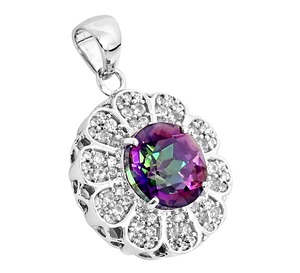 Colgante de Plata de Ley 925 de Primera Calidad con Baño de Rodio, Gema Morada y Verde, y Marco de Flores con Circonitas Brillantes - Product Image 2