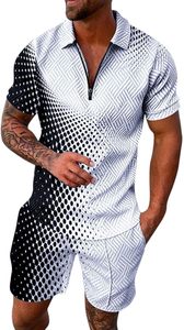 Ensemble polo et short pour homme, motif à pois noir et blanc, tricoté, manches courtes, respirant, décontracté, pour l'été - Product Image 5