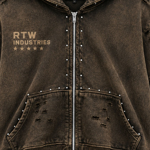 RTW Industries <b>Men's</b> Oversized <b>Hooded</b> Zip-Up <b>Denim</b> <b>Jacket</b> Camouflage Print Streetwear Style Stonewashed Brown - Product Image 2