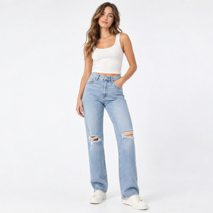 Jeans déchirés à taille haute pour femme RavTin International, coupe droite, bleu clair, denim délavé, décontracté, longueur intégrale, printemps, 140g - Product Image 5