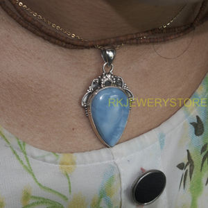 Blue <b>Opal</b> Teardrop Gemstone Pendant 925 Sterling Silver Handmade Vintage Style Jewelry Boho Statement <b>Necklace</b> Gift For Women - Product Image 2
