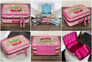 Hot Selling Pink <b>Tooled</b> Leather Vintage Style Floral Cherry Pattern Jewelry <b>Cases</b> Genuine Leather Ring Necklace Travel Organizer - Product Image 3
