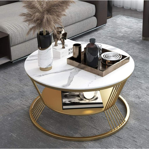 Table basse ronde moderne en contreplaqué avec finition effet marbre et structure en métal doré, table centrale contemporaine de luxe pour salon - Product Image 4