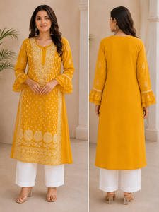 Premium Mustard Georgette Chikankari Embroidered Women's <b>Kurti</b> with Bell Sleeves - Traditional Casual Wear And Festive Wear - Product Image 2
