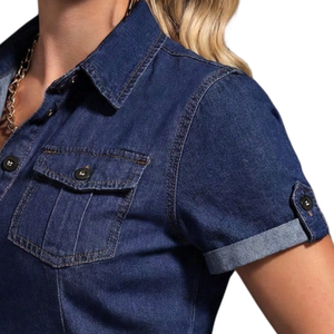 Chemisier en jean bleu foncé uni pour femme, col rabattu, manches retroussables, manches longues, boutonné, coupe décontractée, en coton uni - Product Image 3