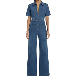 <b>Women's</b> Denim Overalls <b>Short</b> Sleeve High Waist Zip Front Wide Leg Casual Summer Style - Product Image 2