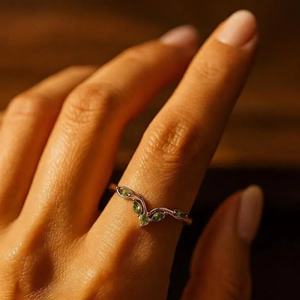 Women's 14K Gold Plated Moissanite Green Marquise Diamond Ring Classic Plant Design Gemstone Ring Everyday Wear - Product Image 2