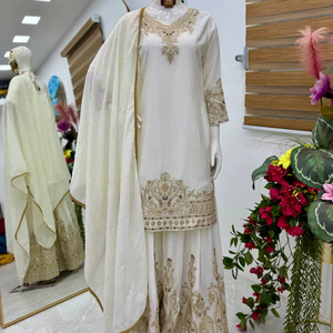 Ethenic Series Plazzo Sharara Salwar Kameez with <b>Top</b> and Supatta Heavy Wedding Wear for Modern Party <b>Festive</b> Season CHINON SILK - Product Image 1