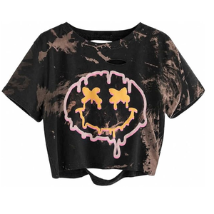 เสื้อครอปผู้หญิงทรงหลวม คอวี แขนครึ่ง ผ้าถักเนื้อนุ่ม ระบายอากาศได้ดี ลายพิมพ์ดิจิทัล ผ้าย้อมสีแบบแอซิดวอช รุ่นวินเทจ ปี 2025 ผลิตจากโพลีเอสเตอร์/คอตตอน - Product Image 3