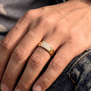 Wholesale 14K Solid Gold <b>Men</b>’s <b>Ring</b> Contemporary Diamond Cluster Jewelry Polished Yellow Gold Band with Engraved Geometric - Product Image 2