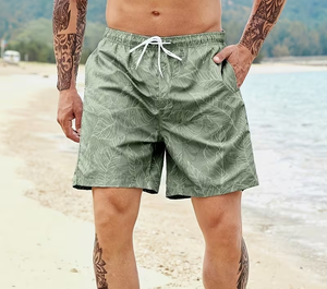 Men's Green Tropical Print Quick Dry Board Shorts With Pockets Drawstring Waist Casual Beach Swimwear - Product Image 1