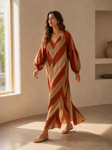 <b>Boho</b> V Neck Lantern Sleeve Maxi <b>Dress</b> <b>Women</b> Summer Loose A Line Geometric Print Casual Long <b>Dress</b> - Product Image 2