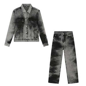 Conjunto de 2 piezas de mezclilla para hombre: Chaqueta y pantalones vaqueros con lavado desgastado y teñido a la piedra, estilo Hip Hop de primavera. - Product Image 1