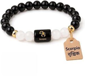 Pulsera de Cristal del Zodiaco Escorpio de Primera Calidad con Cuentas de Obsidiana Negra, Etiqueta de Cobre con Patrón de Escorpión y Símbolo Sánscrito Grabado - Product Image 1