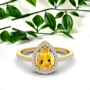 Bague Halo en Citrine Taille Poire 8x6mm en Or Jaune Fin 14 carats, Bague de Mariage ou Anniversaire pour Couple, Fournisseur de Bijoux en Gros - Product Image 4