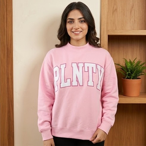 Sweat-shirt à col rond pour femme, couleur crème, avec impression de lettres rouges PLNTY, coupe classique, en coton tricoté, pour l'automne - Product Image 4