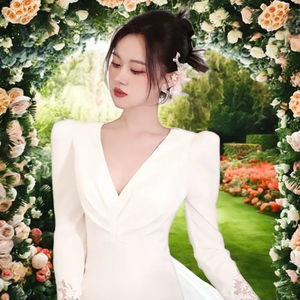 בד סאטן אלגנטי קומה/שמלת כלה חצוצרה עם תחרה ושרוולים ארוכים בתוספת גודל זמין - Product Image 6