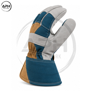 Gants de travail sur mesure avec panneaux bleu sarcelle et beiges, paume rembourrée et manchette longue – Gants de protection pour les mains - Product Image 2